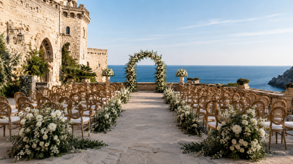 Ricevimento di matrimonio elegante con arredi di lusso e lampadari